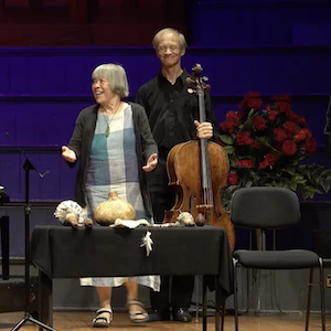 Gillian Whitehead and cellist Rolf Gjelsten taking a bow at the end of the performance